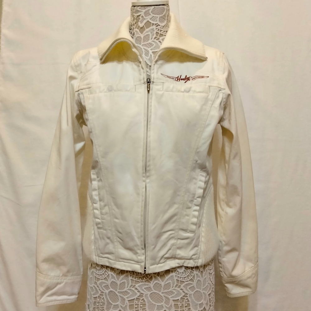 Women's Harley-Davidson Cream Jean Jacket Large Embroidered with Zipper & Snaps